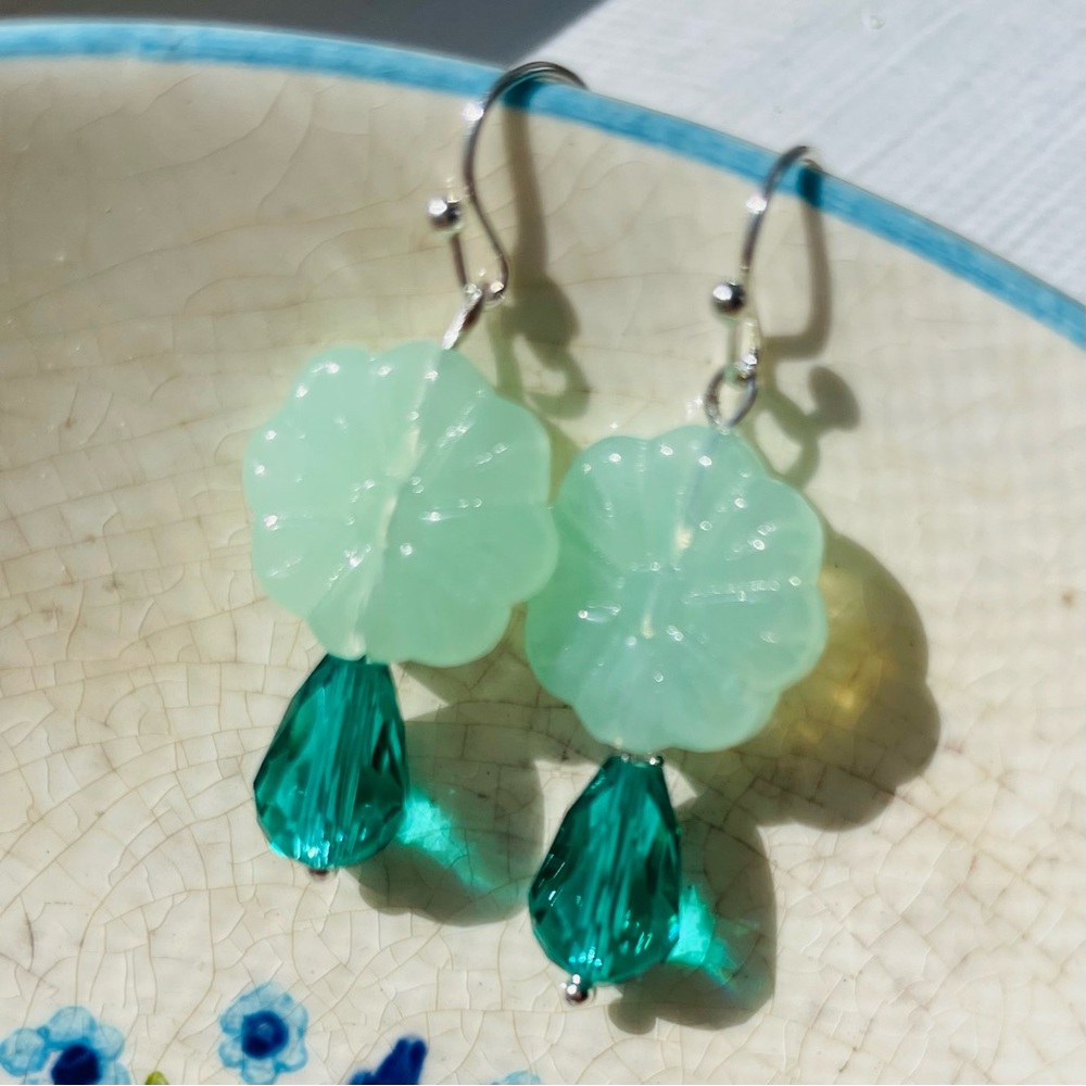 sterling silver & vintage glass earrings emerald green floral boho jewelry gift